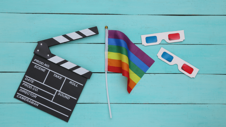 Lgbt flag with 3d glasses and film clapper board