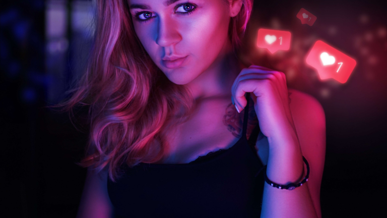 Sexy girl and social media icons in in neon red and blue light