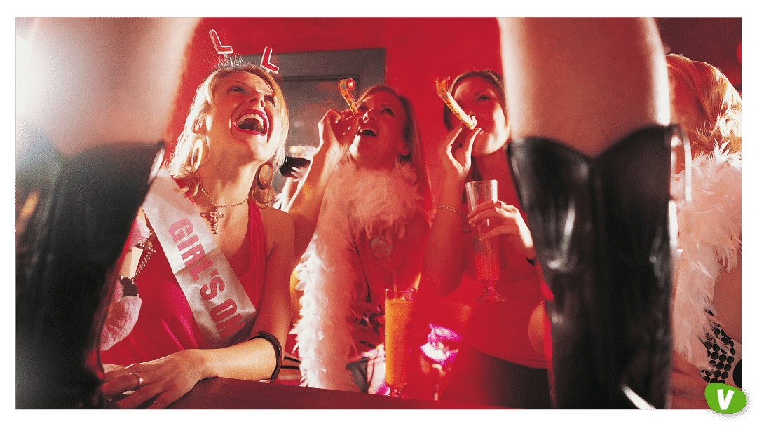 Woman Looking at a Male Stripper Standing on a Bar Counter at a Hen Night, concept of dealing with difficult clients at the strip club