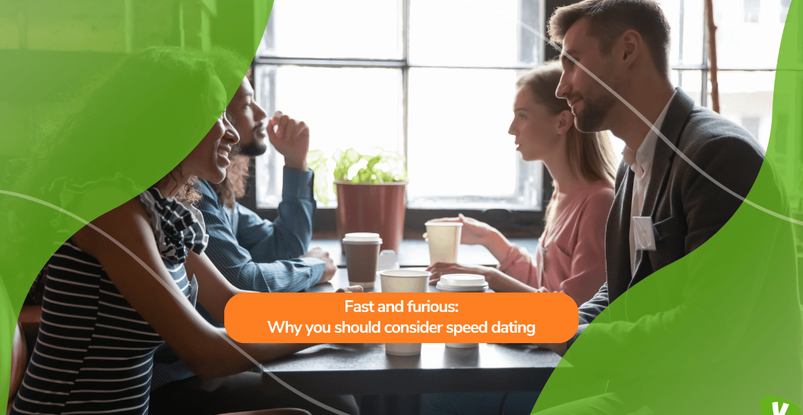 Diverse people sitting in cafe, participating in speed dating⁠
