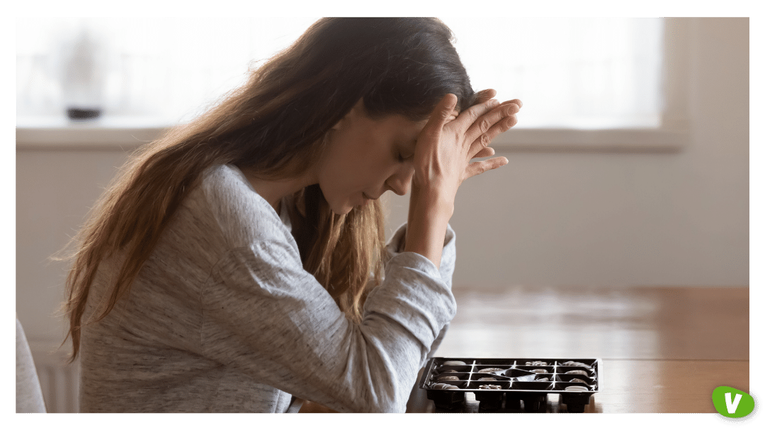 Pensive girl with eating disorder think of chocolates⁠