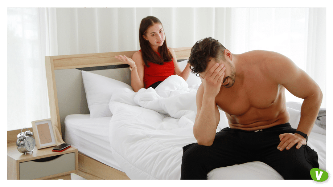 Caucasian lover Couple on the bed unhappy in having sex and have problems in relationship of married life. Erectile Dysfunction and Divorce in society concept. focus at the man