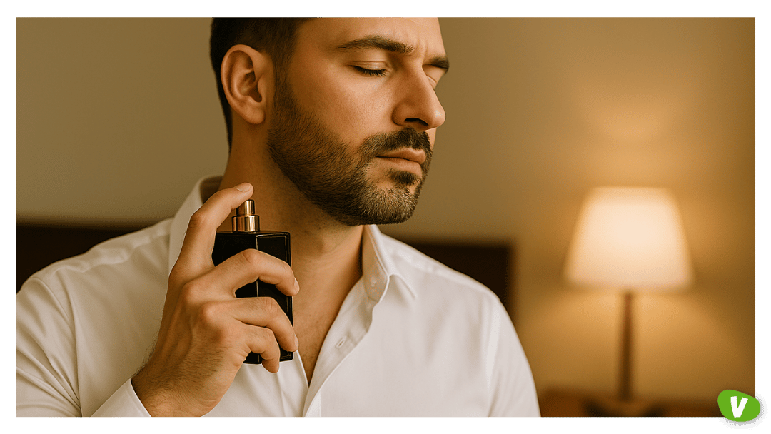 A man in a white shirt spraying cologne on himself, representing personal grooming and readiness—important for upholding boundaries when hiring an escort.