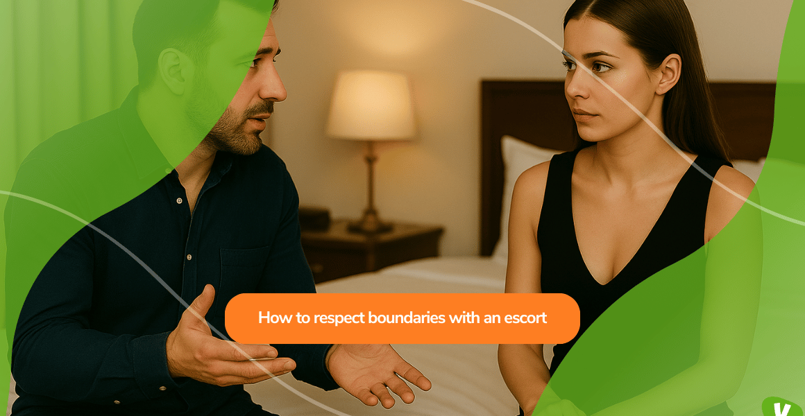 A man and woman sitting on the edge of a bed engaged in a serious conversation, symbolising the importance of consent, communication, and boundaries when hiring an escort.