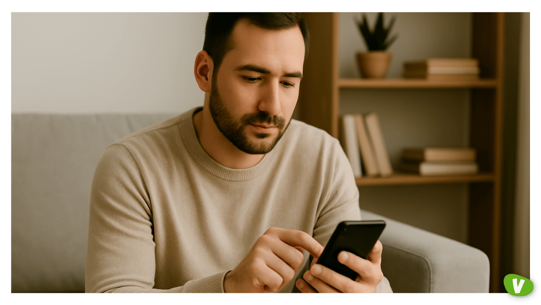 A man sitting on a sofa, focused while using his phone, illustrating preparation and communication—key to respecting boundaries when hiring an escort.