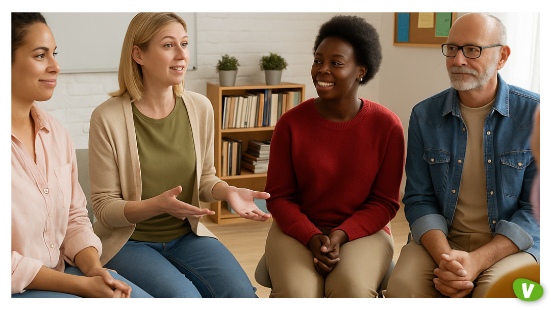A diverse group of people sitting in a circle inside a bright, welcoming community centre, engaged in conversation under a sign that reads ‘SAFE SPACE’, symbolising support and allyship.