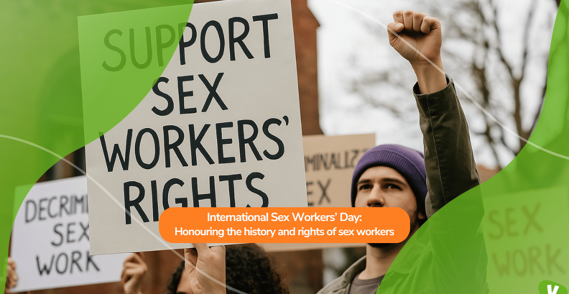 A group of protesters holding cardboard signs reading ‘RIGHTS ARE HUMAN RIGHTS’, ‘SEX WORK ARE’, and ‘DECRIMINALIA NOW’, highlighting the demand for sex workers’ rights and decriminalisation.