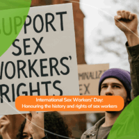 A group of protesters holding cardboard signs reading ‘RIGHTS ARE HUMAN RIGHTS’, ‘SEX WORK ARE’, and ‘DECRIMINALIA NOW’, highlighting the demand for sex workers’ rights and decriminalisation.