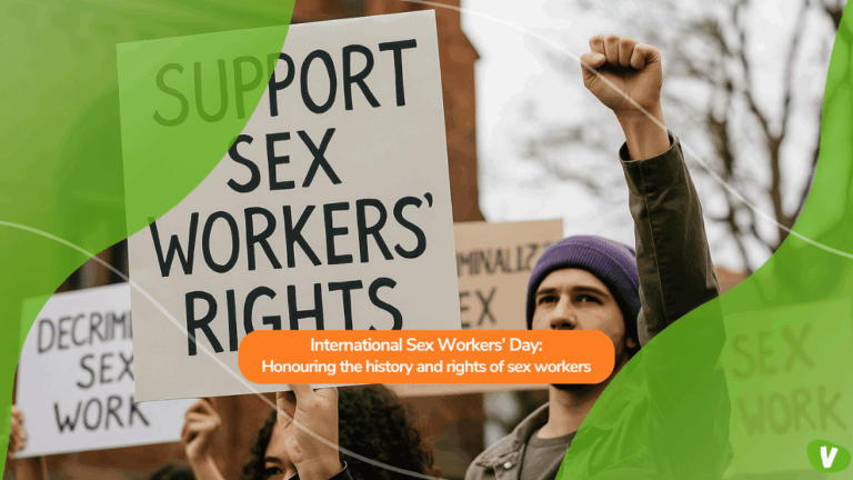 A group of protesters holding cardboard signs reading ‘RIGHTS ARE HUMAN RIGHTS’, ‘SEX WORK ARE’, and ‘DECRIMINALIA NOW’, highlighting the demand for sex workers’ rights and decriminalisation.
