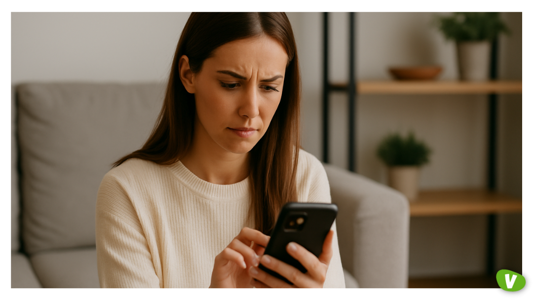 A woman sitting on a sofa looking concerned while scrolling through her phone, reflecting the uncertainty and potential risks with escorts when dealing with unverified or suspicious profiles.
