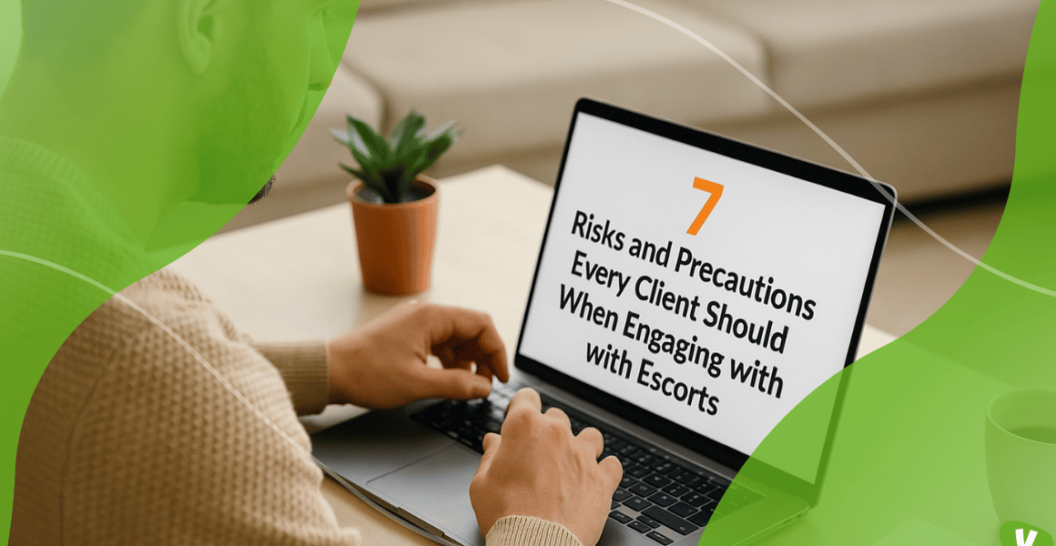 A man at a desk reading an article titled ‘7 Risks and Precautions Every Client Should Know When Engaging with Escorts’ on his laptop, representing the importance of being informed about risks with escorts before booking.