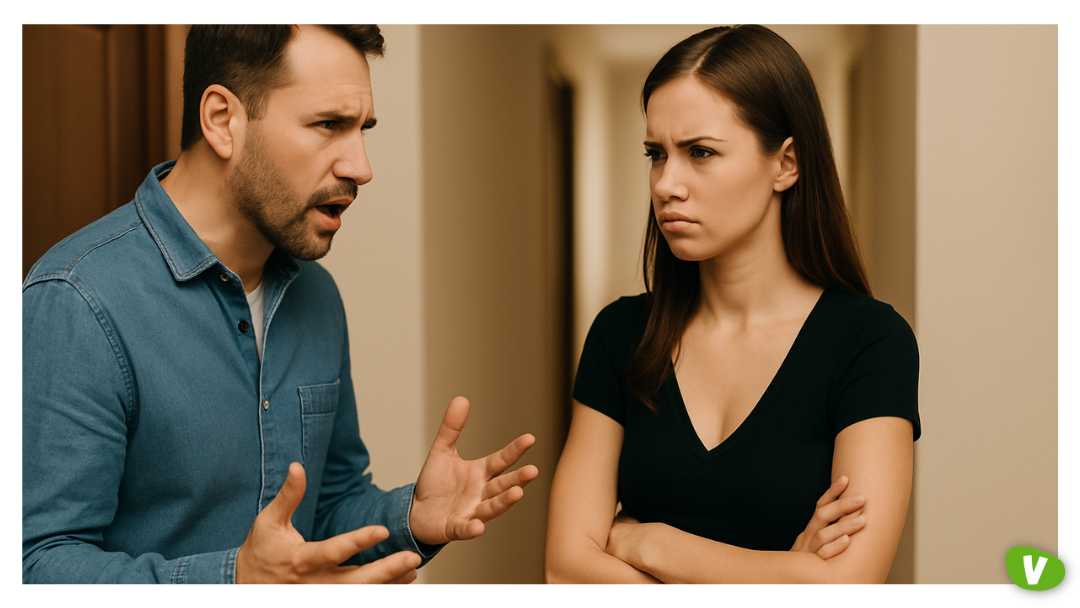 A man and woman standing in a hallway having a heated argument, visually representing emotional tension and communication breakdown — one of the lesser-known risks with escorts when expectations aren’t clearly set.