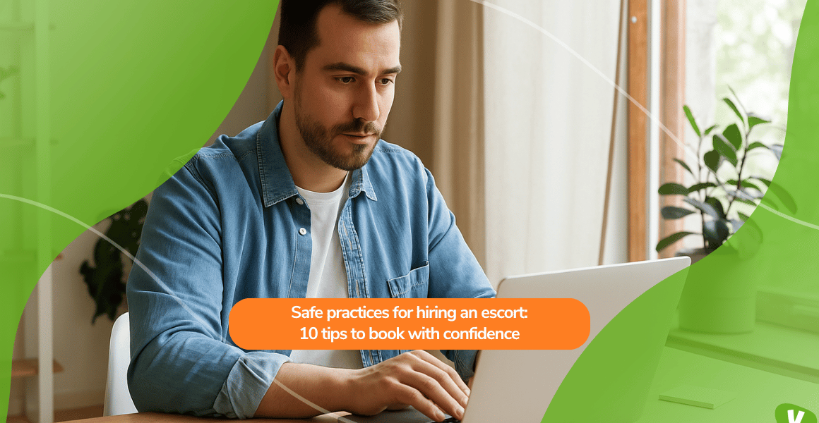 A man researching on his laptop in a bright home office, with overlaid text reading ‘Safe practices for hiring an escort: 10 tips to book with confidence’, reinforcing the value of preparation and professionalism.