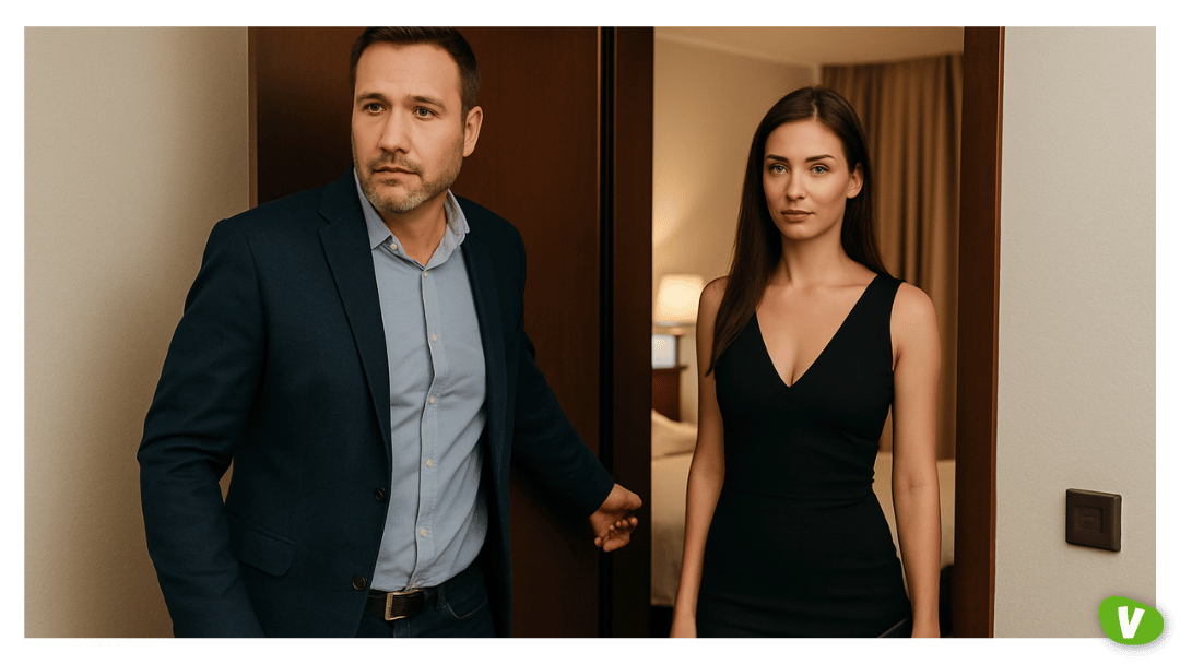 A man in a navy blazer and a woman in a black dress exit a hotel room, representing safe practices for hiring an escort, including meeting in a professional, secure, and respectful environment.