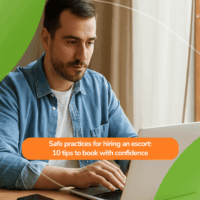 A man researching on his laptop in a bright home office, with overlaid text reading ‘Safe practices for hiring an escort: 10 tips to book with confidence’, reinforcing the value of preparation and professionalism.