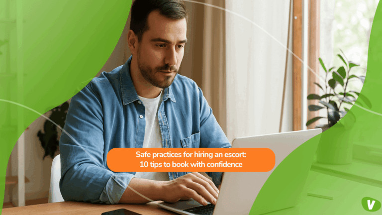 A man researching on his laptop in a bright home office, with overlaid text reading ‘Safe practices for hiring an escort: 10 tips to book with confidence’, reinforcing the value of preparation and professionalism.
