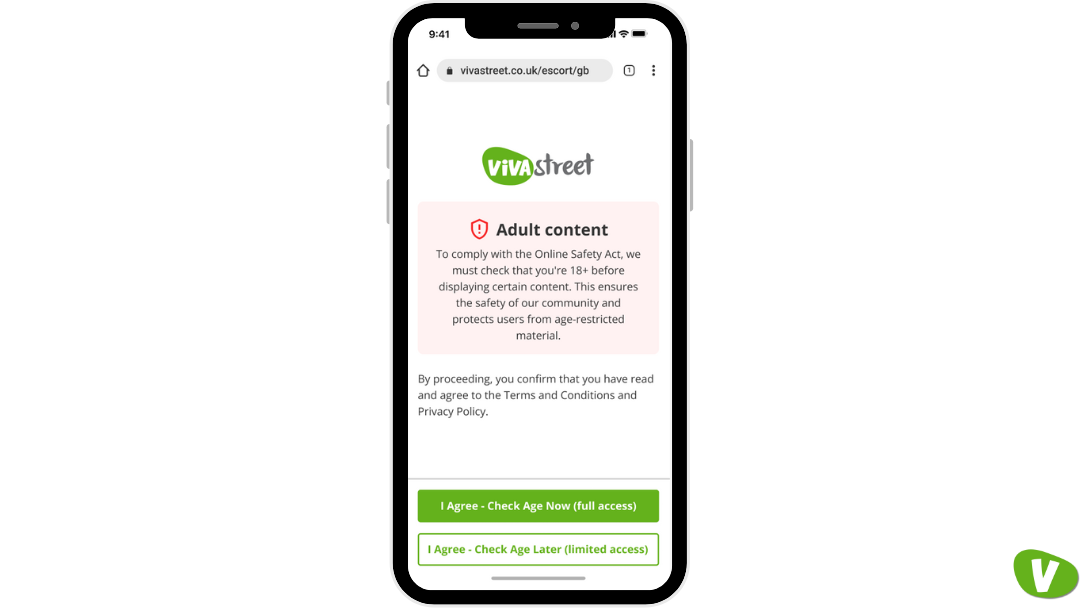 A smartphone displaying a red warning banner on Vivastreet’s adult content gate, prompting users to verify they’re 18+ to comply with the Online Safety Act.