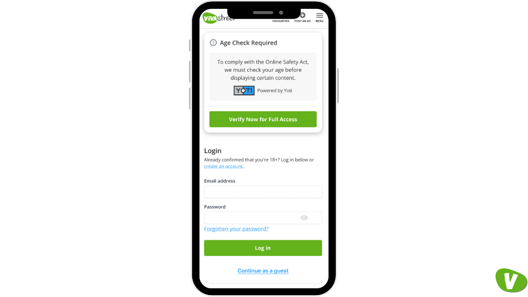 A smartphone screen prompting a login or guest access, with a “Verify Now for Full Access” button powered by Yoti.