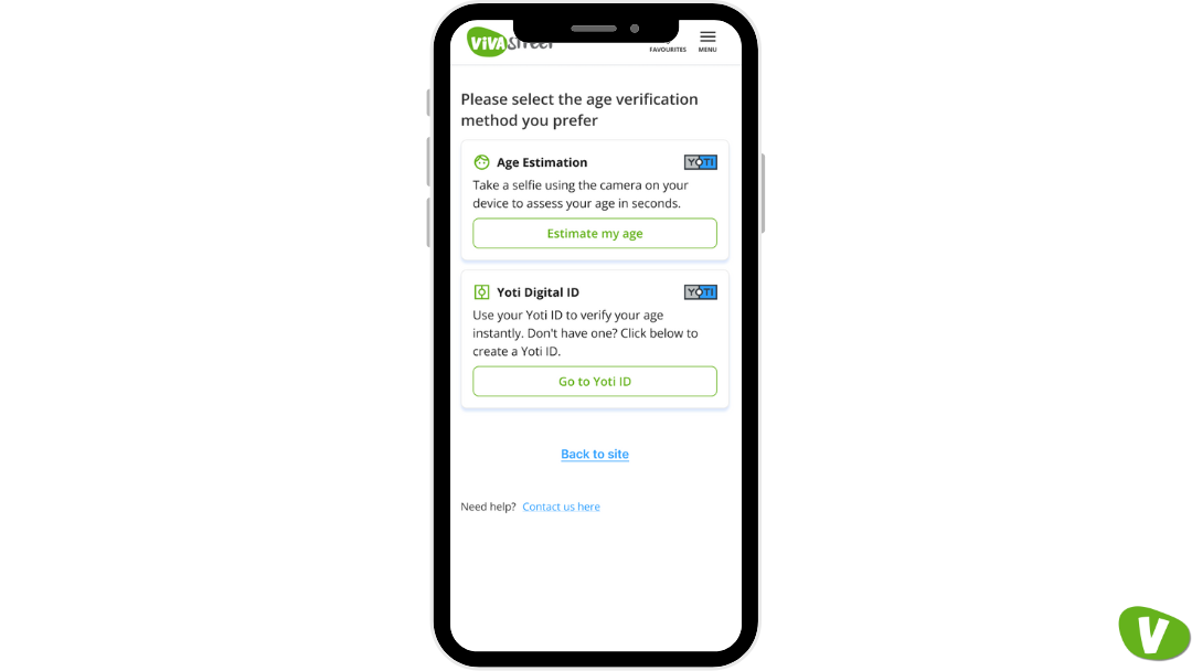 A smartphone displaying Vivastreet’s two options for age verification: Age Estimation via selfie and Yoti Digital ID.