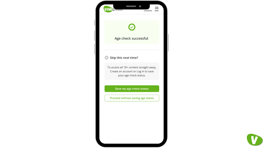 A smartphone displaying the Vivastreet “Age check successful” confirmation screen, offering the option to save age check status.