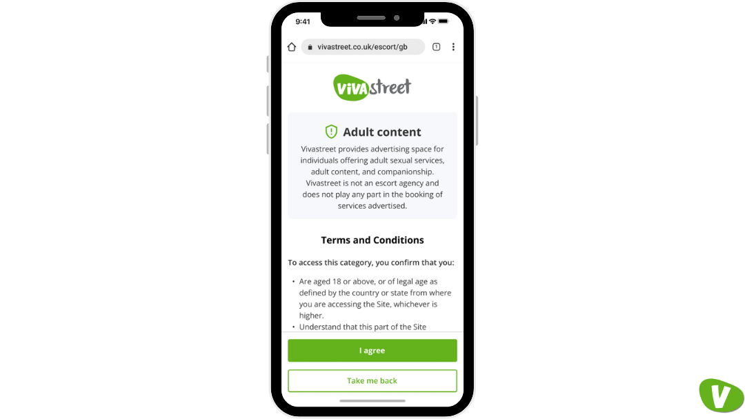A close-up of a smartphone displaying the Vivastreet adult content disclaimer page, informing users they must be over 18 to proceed.
