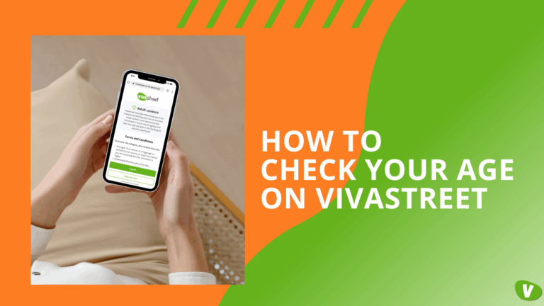 A woman sits comfortably on a sofa holding a smartphone that displays the Vivastreet age verification page, with the screen showing “Adult content” and a green “I agree” button. The background features orange and green brand colours with the headline “How to Check Your Age on Vivastreet”.