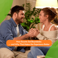 A man and woman sitting closely on a couch, holding hands and smiling, with a headline about how escorts set boundaries to create better and more respectful experiences.