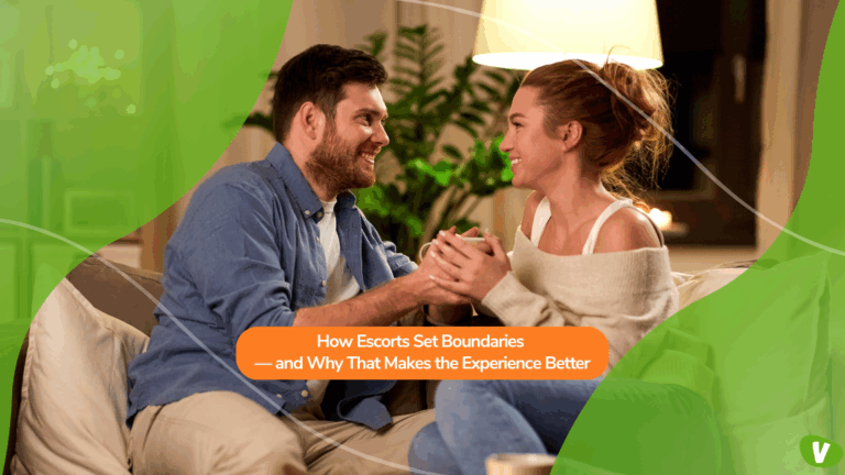 A man and woman sitting closely on a couch, holding hands and smiling, with a headline about how escorts set boundaries to create better and more respectful experiences.