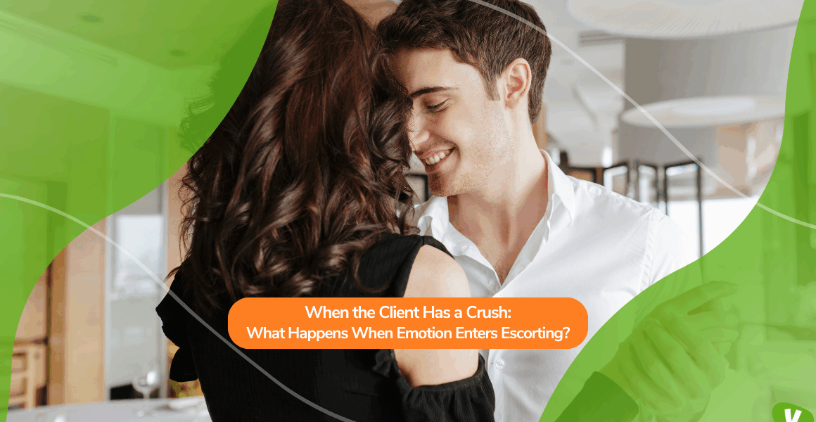 A smiling man leaning in close to a woman in an intimate moment, with a headline overlay discussing emotions in escorting — illustrating the complexity and risks of catching feelings for an escort.