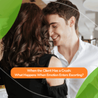A smiling man leaning in close to a woman in an intimate moment, with a headline overlay discussing emotions in escorting — illustrating the complexity and risks of catching feelings for an escort.