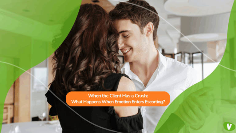 A smiling man leaning in close to a woman in an intimate moment, with a headline overlay discussing emotions in escorting — illustrating the complexity and risks of catching feelings for an escort.