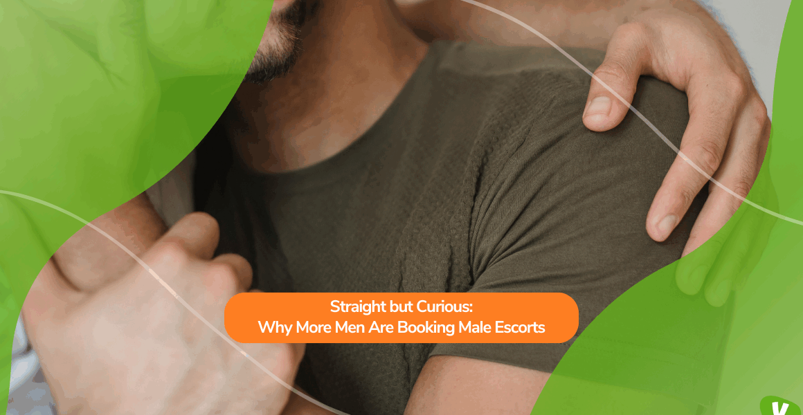 Close-up of two men in an affectionate embrace, overlaid with a headline about men booking male escorts, symbolizing curiosity, connection, and exploration in these encounters.