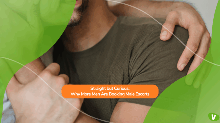 Close-up of two men in an affectionate embrace, overlaid with a headline about men booking male escorts, symbolizing curiosity, connection, and exploration in these encounters.