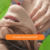 A woman lying back with a sensual expression and hands near her face, overlaid with a headline about orgasm gels, capturing curiosity about whether orgasm gels actually work.