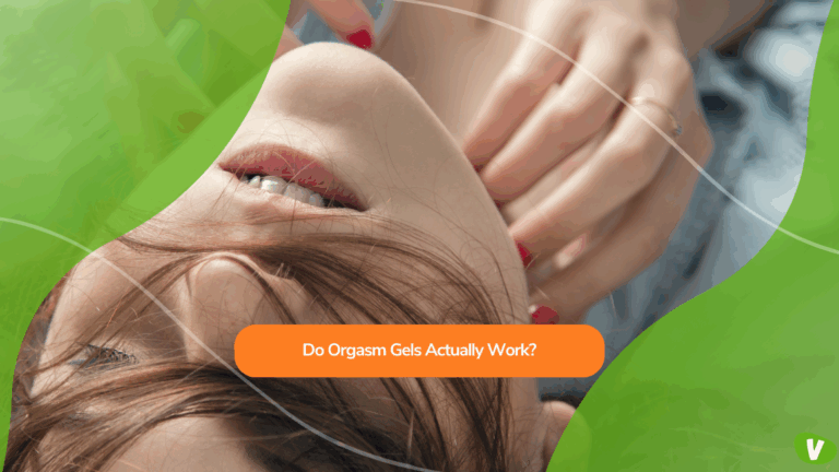 A woman lying back with a sensual expression and hands near her face, overlaid with a headline about orgasm gels, capturing curiosity about whether orgasm gels actually work.