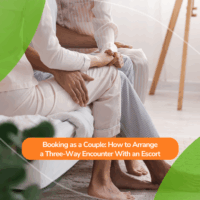 A couple sitting closely on a bed holding hands, with a headline about booking as a couple, illustrating how to arrange a three-way encounter with an escort and the essentials of couple-friendly escort tips.