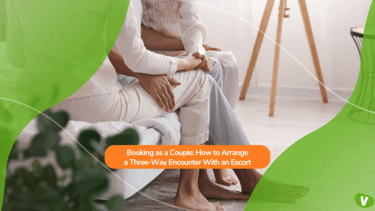 A couple sitting closely on a bed holding hands, with a headline about booking as a couple, illustrating how to arrange a three-way encounter with an escort and the essentials of couple-friendly escort tips.