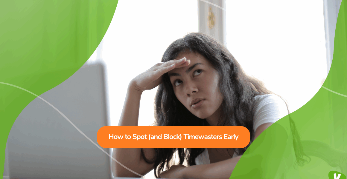 A woman sitting at her laptop holding her forehead and looking frustrated, with a headline about how to spot timewasters, symbolizing screening escort clients, recognizing sex work red flags, and blocking timewasters early to maintain safety.