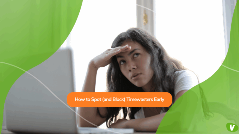A woman sitting at her laptop holding her forehead and looking frustrated, with a headline about how to spot timewasters, symbolizing screening escort clients, recognizing sex work red flags, and blocking timewasters early to maintain safety.