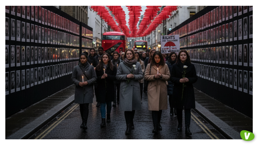 A solemn march takes place beneath red umbrellas hanging above a city street lined with black-and-white portraits. People hold candles and white flowers in remembrance of sex workers lost to violence. A sign in the background reads “Rights for Sex Workers.” Red London buses are visible in the distance.