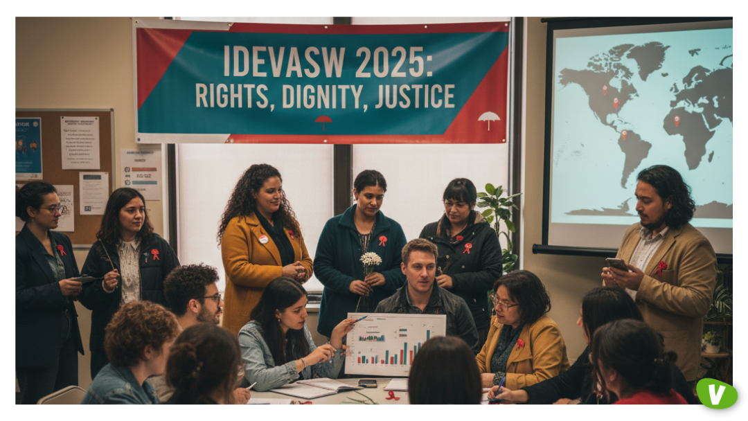 A diverse group of people stands in a meeting room under a banner that reads “IDEVASW 2025: Rights, Dignity, Justice.” They discuss and present data charts, with a world map showing red markers on a screen behind them, symbolising global solidarity for sex workers’ rights.