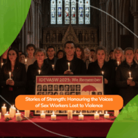 Inside a church, a group of people stands together holding candles in a vigil. A banner reading “IDEVASW 2025: We Remember” and photos of victims are displayed on a table surrounded by lit candles. The scene honours the memory of sex workers who have lost their lives to violence.