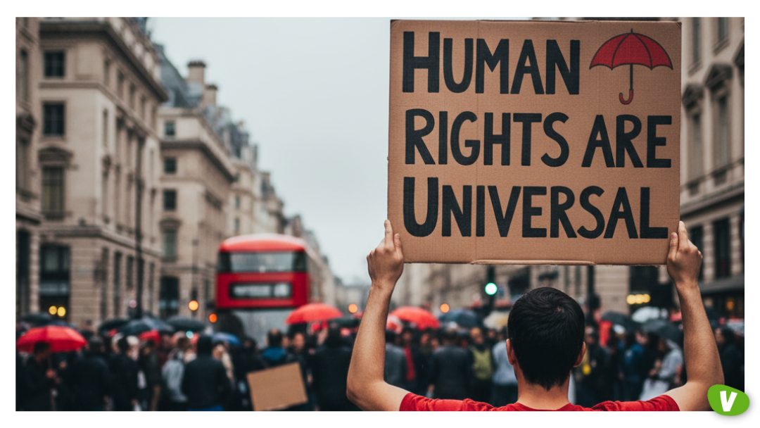 A person holds up a cardboard sign reading “HUMAN RIGHTS ARE UNIVERSAL” with a red umbrella symbol above it, during a protest on a London street. People with red umbrellas and a red double-decker bus are visible in the background.