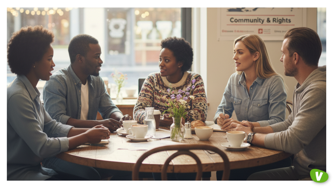 A diverse group of five people sit around a café table, having an engaged discussion over coffee. A poster in the background mentions “Community & Rights,” suggesting a meeting about social justice or advocacy.