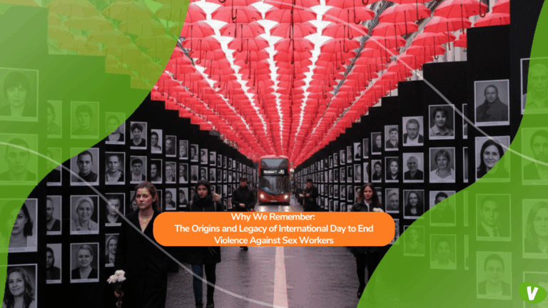 People walk beneath a canopy of red umbrellas suspended above a street lined with black-and-white portraits of individuals. A red London bus is visible in the distance. Overlaid text reads: “Why We Remember: The Origins and Legacy of International Day to End Violence Against Sex Workers.”