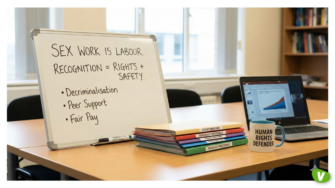 A whiteboard in an office reads: “Sex work is labour. Recognition = rights + safety. • Decriminalisation • Peer Support • Fair Pay.” On the desk are colourful folders labelled “Policy Briefing” and “Advocacy Materials,” a laptop showing a presentation, and a mug that reads “Human Rights Defender.”