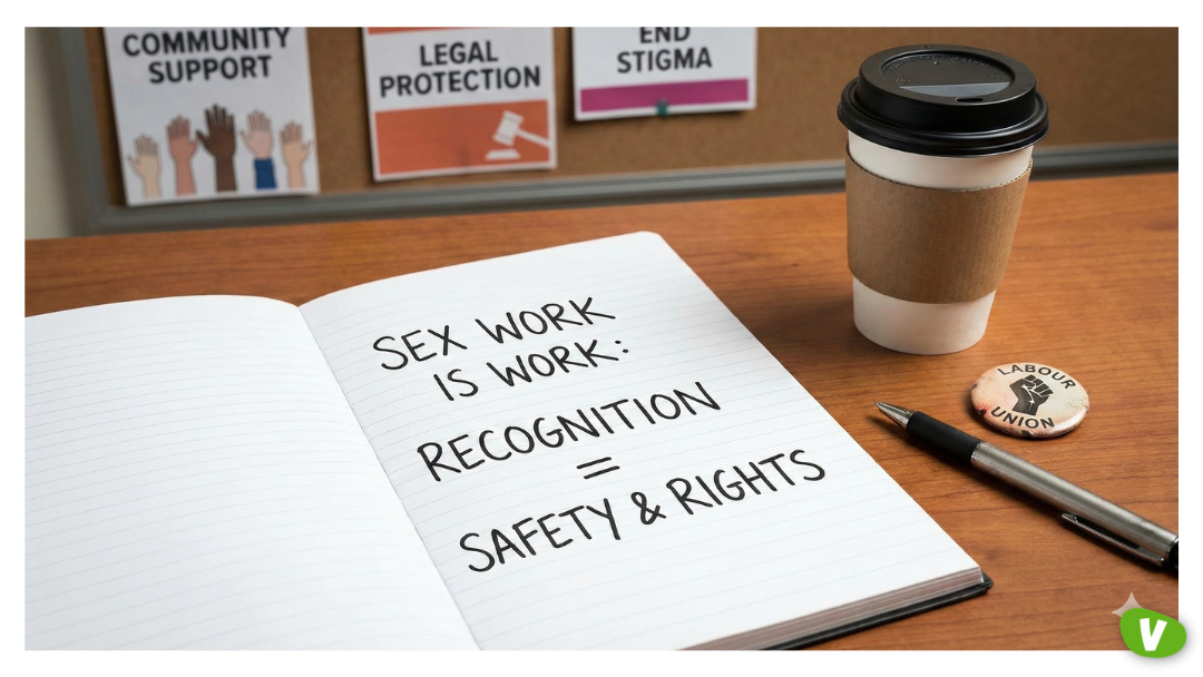 An open notebook on a desk displays the handwritten message: “Sex work is work: recognition = safety & rights.” A takeaway coffee cup, a pen, and a badge reading “Labour Union” sit beside it. In the background, posters about community support, legal protection, and ending stigma are pinned to a noticeboard.
