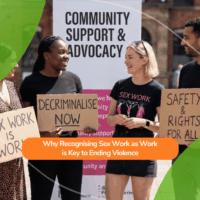 Four people stand outdoors holding signs that read “Sex work is work,” “Decriminalise now,” and “Safety & rights for all.” They smile and talk in front of a banner that says “Community Support & Advocacy.” Overlaid text reads: “Why Recognising Sex Work as Work is Key to Ending Violence.”