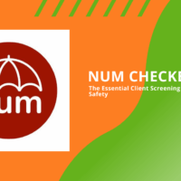 A graphic featuring the red NUM logo with a white umbrella symbol. On the right, text reads: “NUM CHECKER – The Essential Client Screening Tool for Sex Worker Safety.” The background is a blend of bright orange and green shapes.