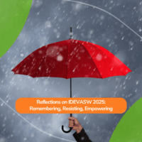 A hand holding a red umbrella in the rain, symbolising sex worker rights. A green graphic overlay frames the image, with an orange text box reading ‘Reflections on IDEVASW 2025: Remembering, Resisting, Empowering.’